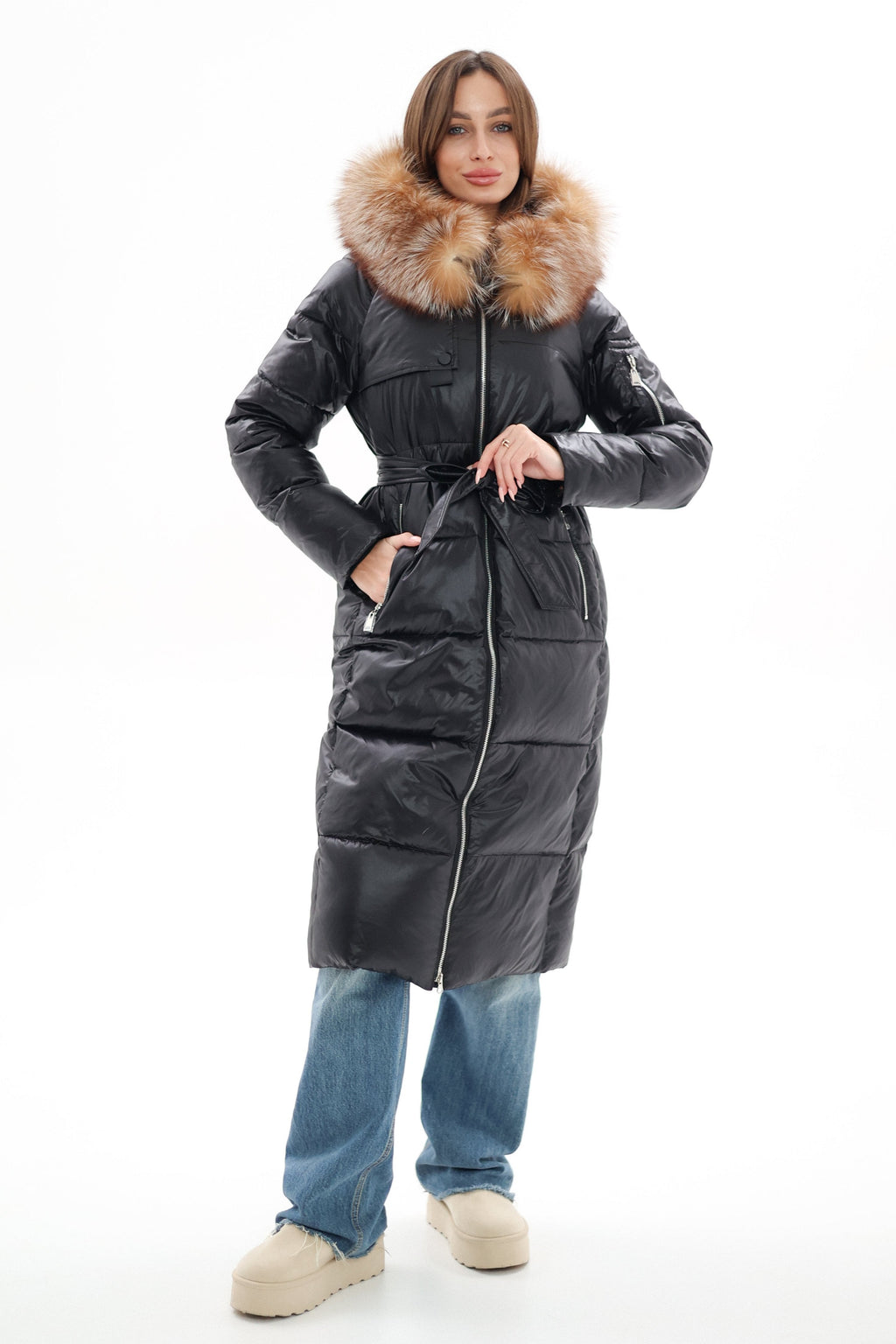 Genuine Silver Fox Fur Alternative Down Fill Coat