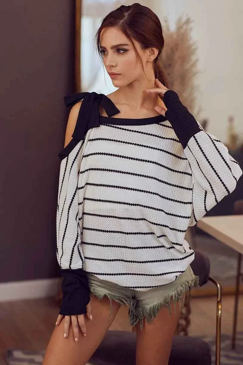 BiBi Stripe Yarn Dye Waffle One Shoulder Women's Top with Ribbon Detail