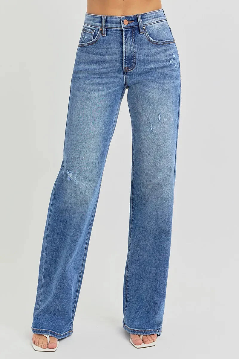 Full Size Tummy Control Elastic Band High Rise Wide RISEN Jeans