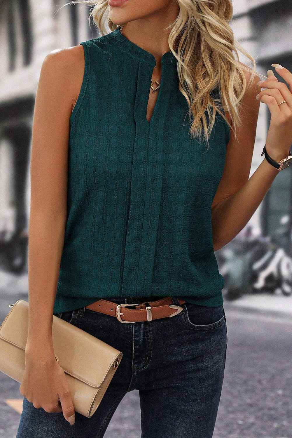 Sea Green Sleeveless Top - Textured Split V Neck Women's Shirt