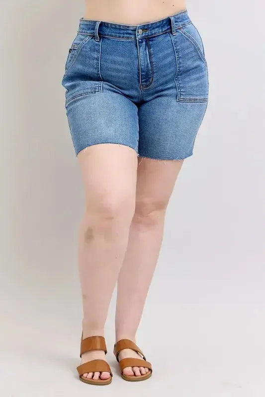 Judy Blue Jeans - Full Size Mid Rise Bermuda Denim Shorts w/ Back Flap Pockets