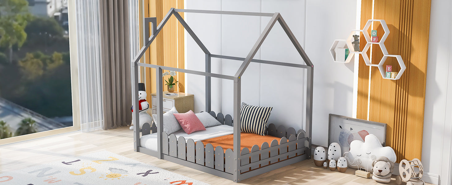 (Slats are not included)Full Size Wood Bed House Bed Frame with Fence for Kids Teens Girls Boys (Gray )