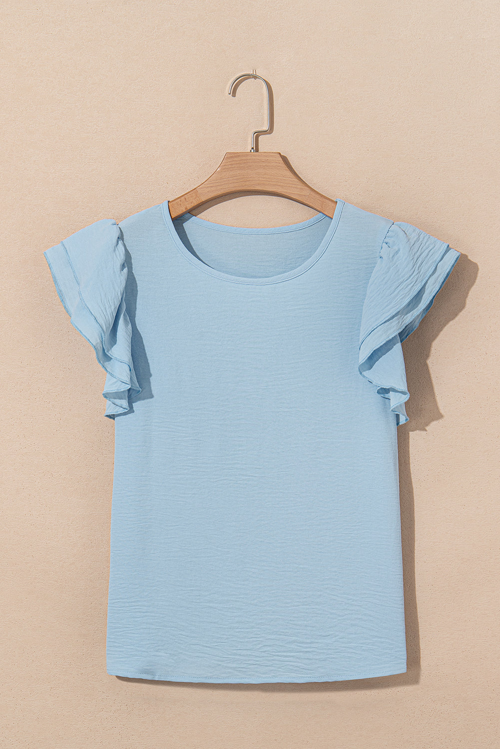 Aqua Ruffle Sleeve Blouse - Clearly Aqua Solid Color Crinkled Top