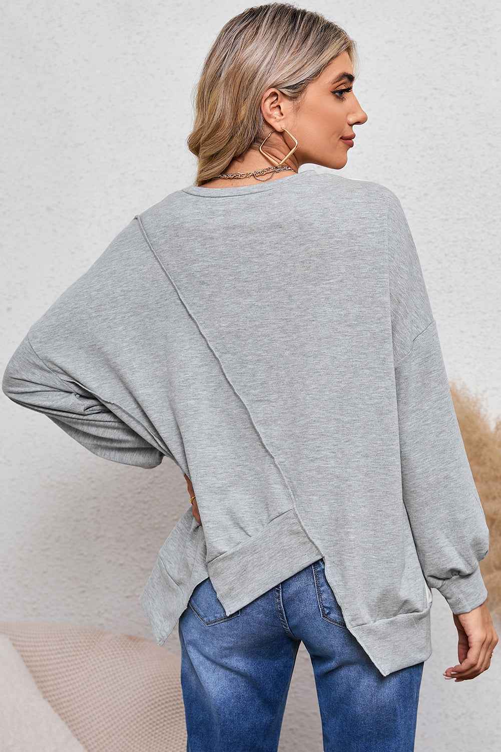 Khaki Colorblock Sweatshirt with Irregular Hem and Long Sleeves Women's Top