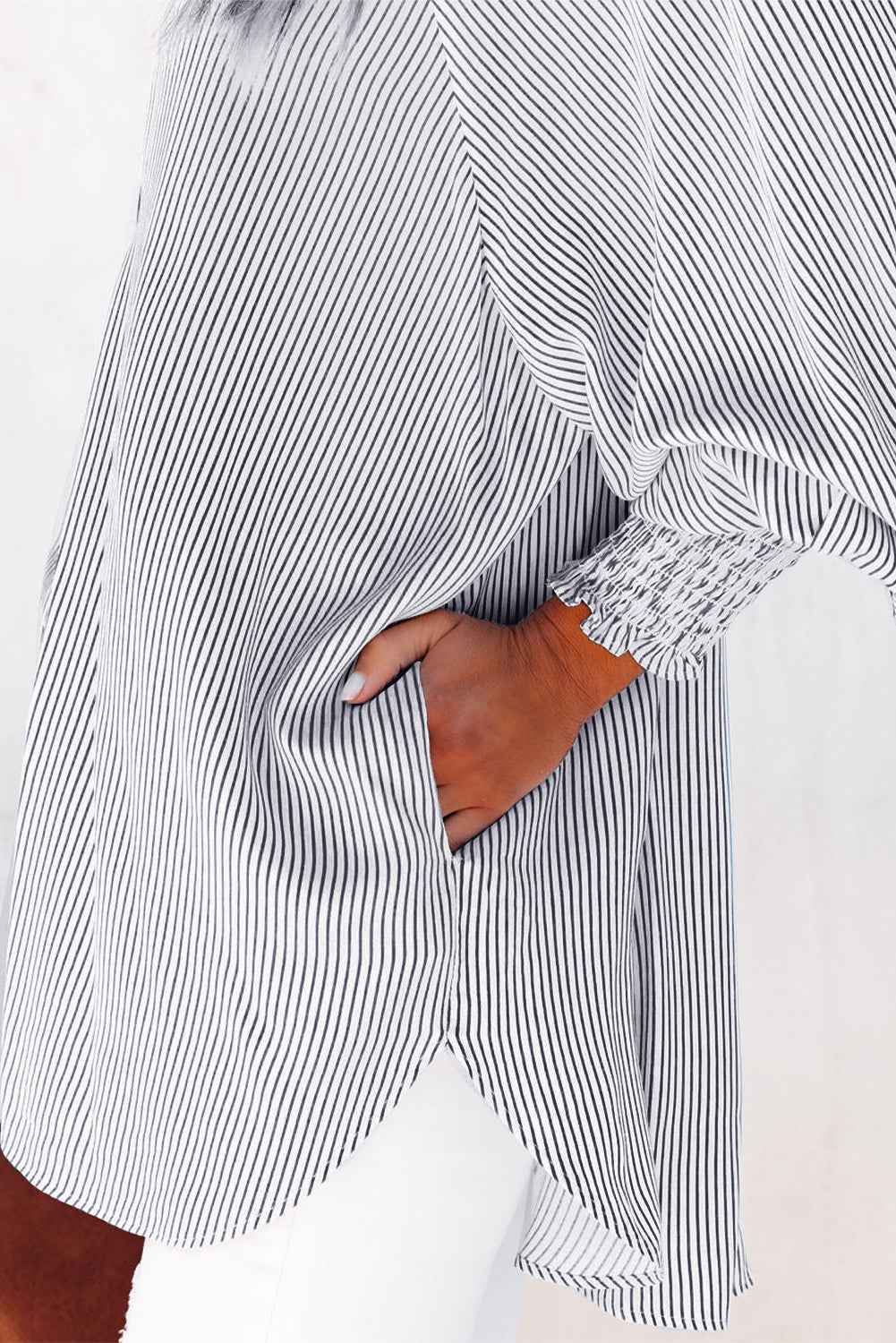 Striped Casual Blouse with Shirred Cuffs for Women