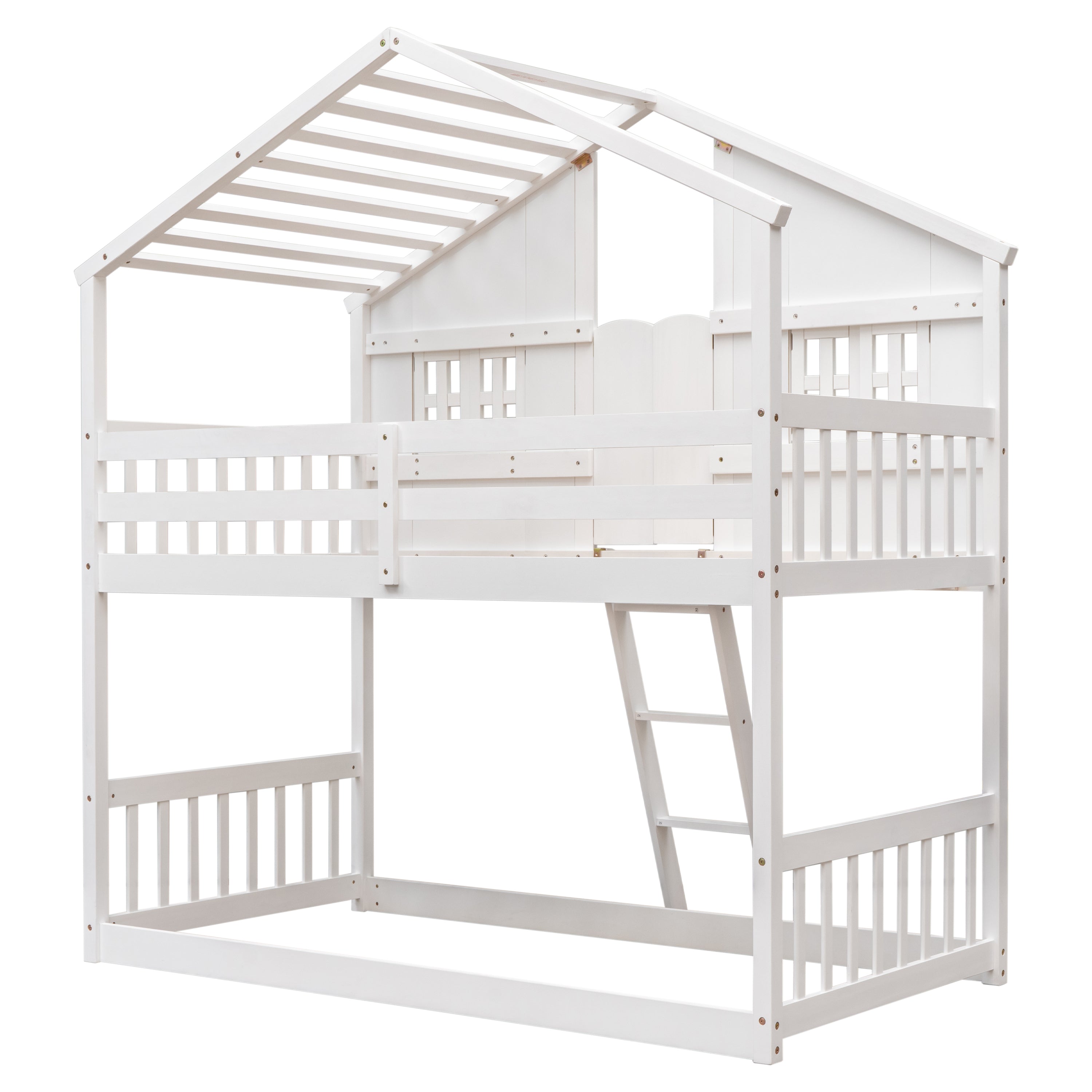Twin over Twin House Bunk Bed with Roof , Window, Window Box, Door , with Safety Guardrails and Ladder,White