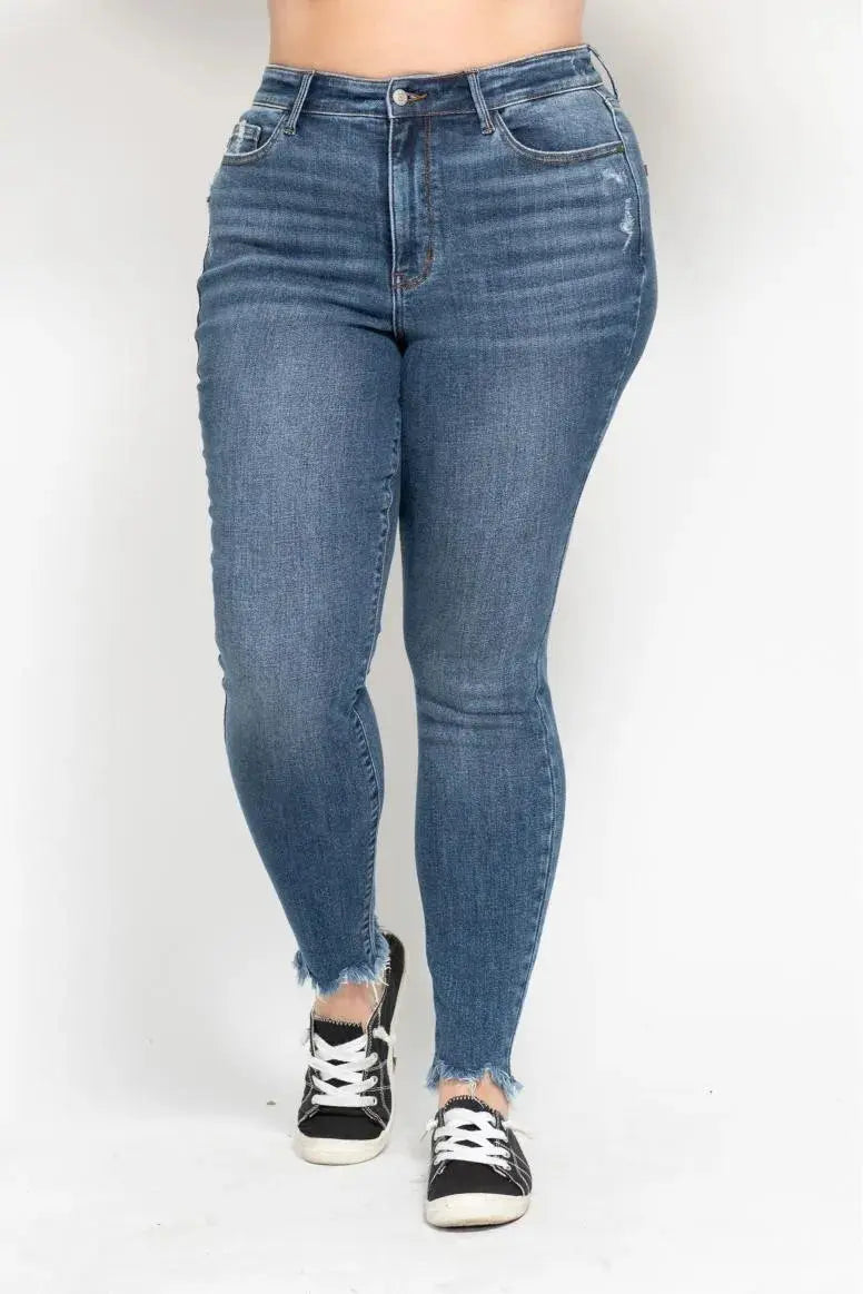 Plus Size High Waist Skinny Judy Blue Jeans with Destroy & Shark Bit Hem