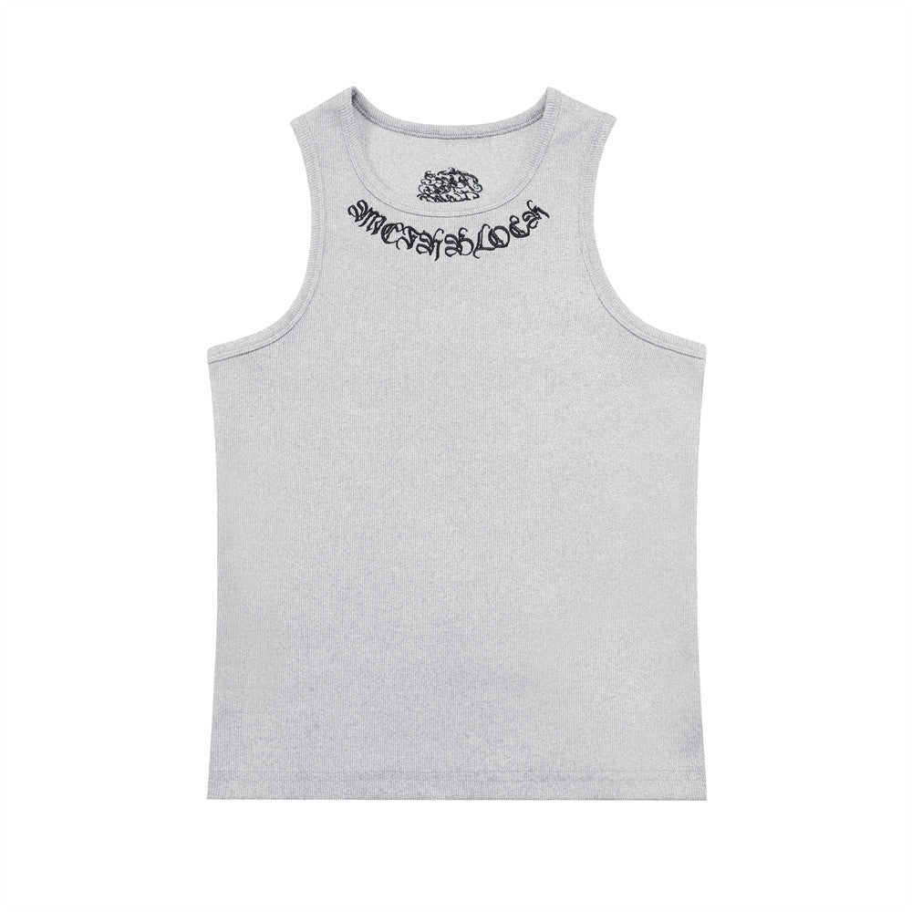 Gothic Letter Embroidery Ribbed Tank Top Men's Sports Fitted Casual Striped Sleeveless T-Shirt