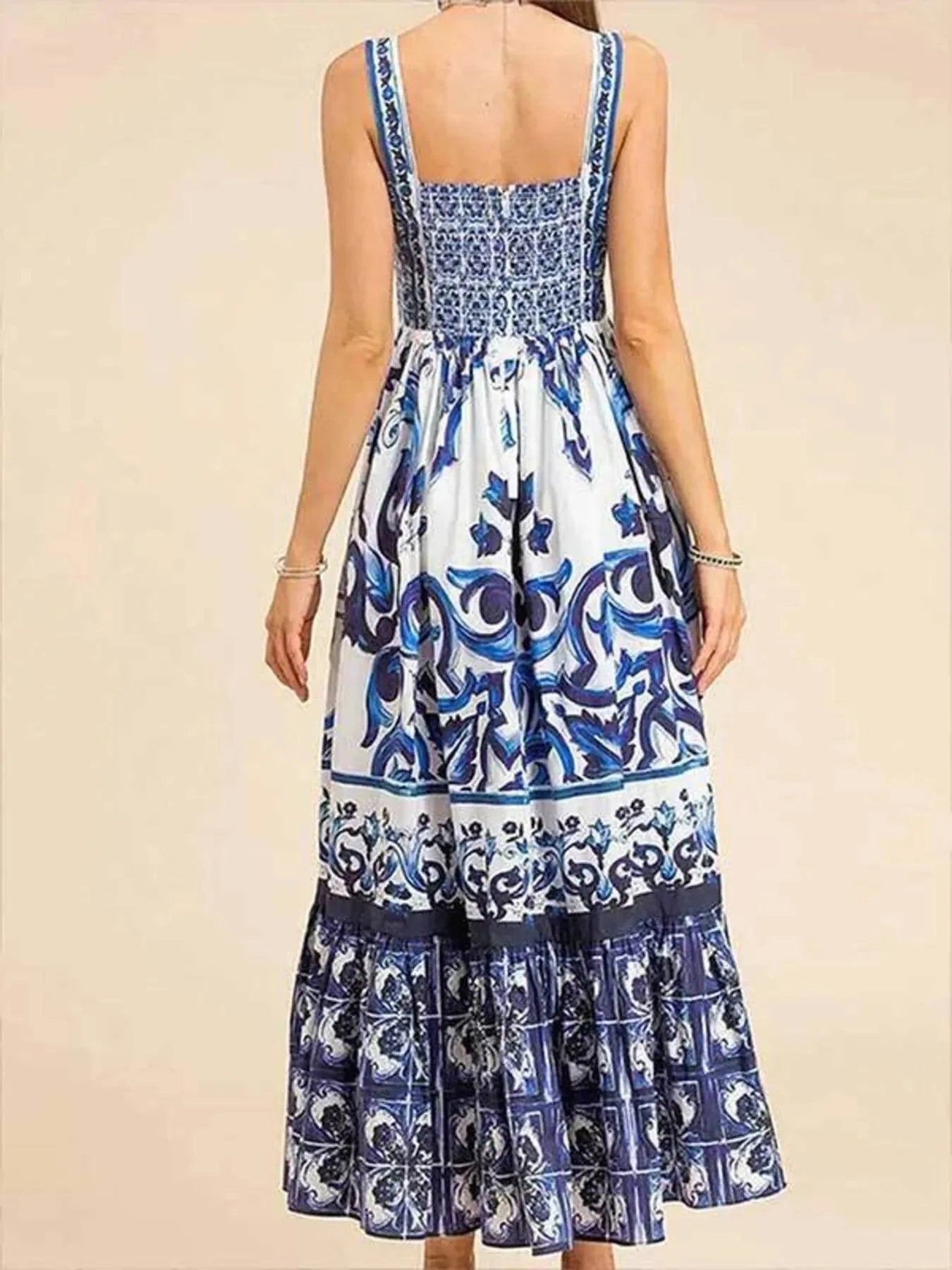 Full Size Boho Printed Sweetheart Neck Maxi Cami Dress