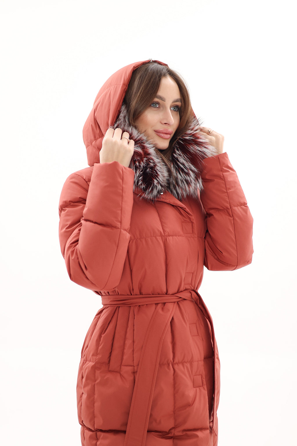 Genuine Silver Fox Fur Trim Down Coat