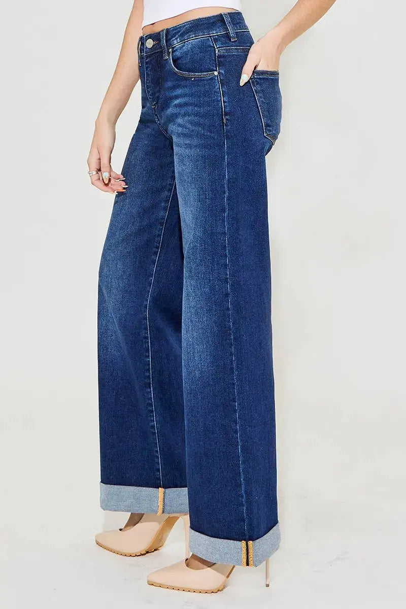 Full Size Tummy Control High Rise Wide Leg Cuffed RISEN Jeans