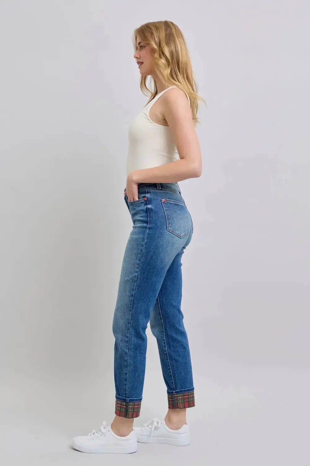 Full/Plus Size Plaid Print Cuff Straight Leg Judy Blue Jeans with Pockets