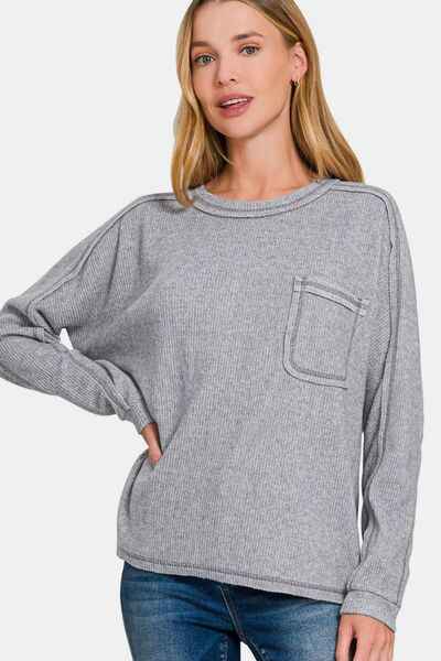 Contrast Stitching Sweatshirt - Brushed Ribbed Women's Top