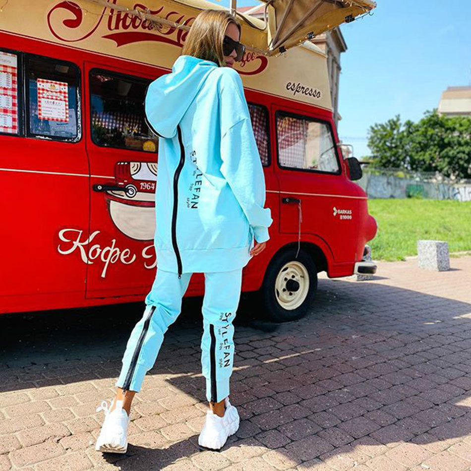 Long Hoodie Sweatsuit Jogger Pantsuit - Comfortable Outfit