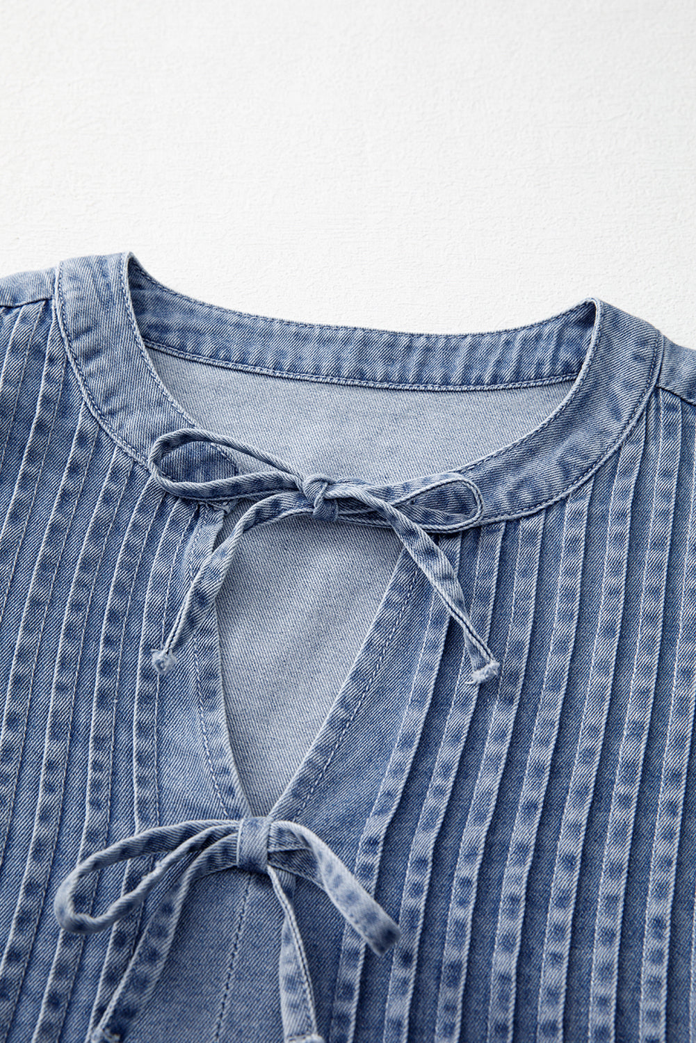 Solid Denim Pleated Bow Tie Puff Sleeve Top