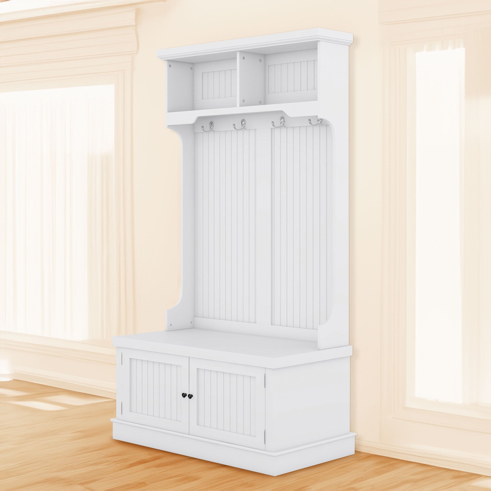 Hall Tree with Storage Shoe Bench for Entryway and Hallway 4-in-1 Design Coat Racks with 4 Hooks for Living Room White