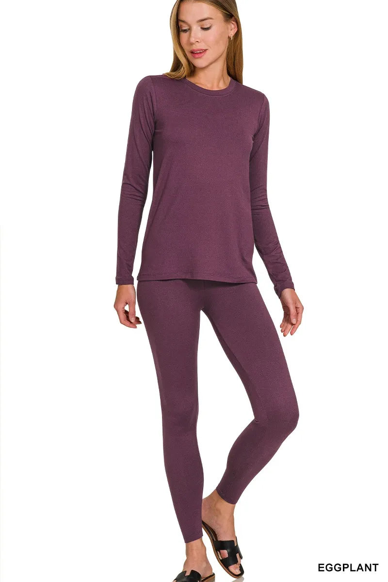 Zenana Microfiber Round Neck Top and Leggings Set in Eggplant