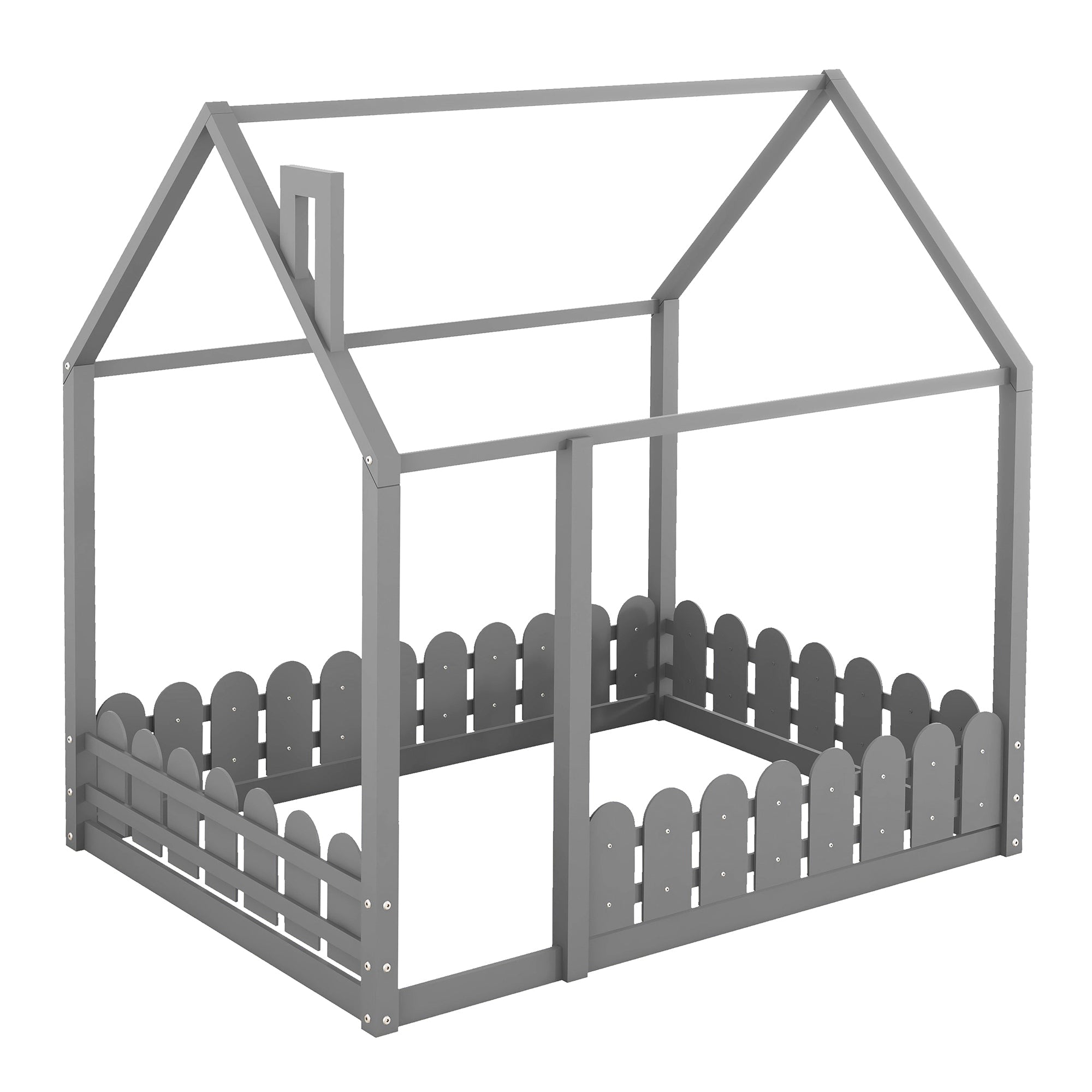 (Slats are not included)Full Size Wood Bed House Bed Frame with Fence for Kids Teens Girls Boys (Gray )