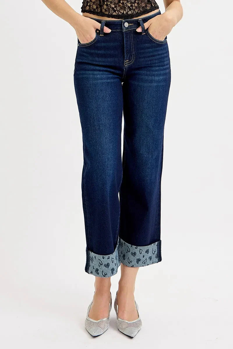 RISEN Jeans - Full Size Mid Rise Fit Crop Wide Leg with Printed Cuff