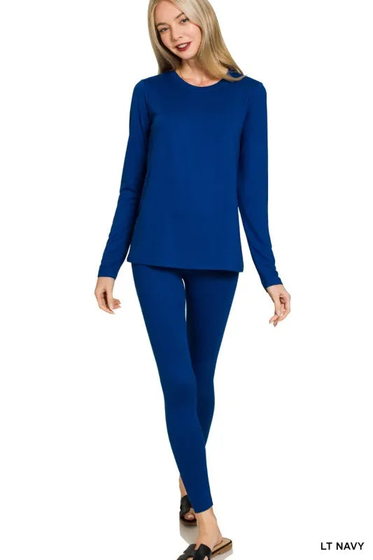 Zenana Microfiber Round Neck Top and Leggings Set in Navy