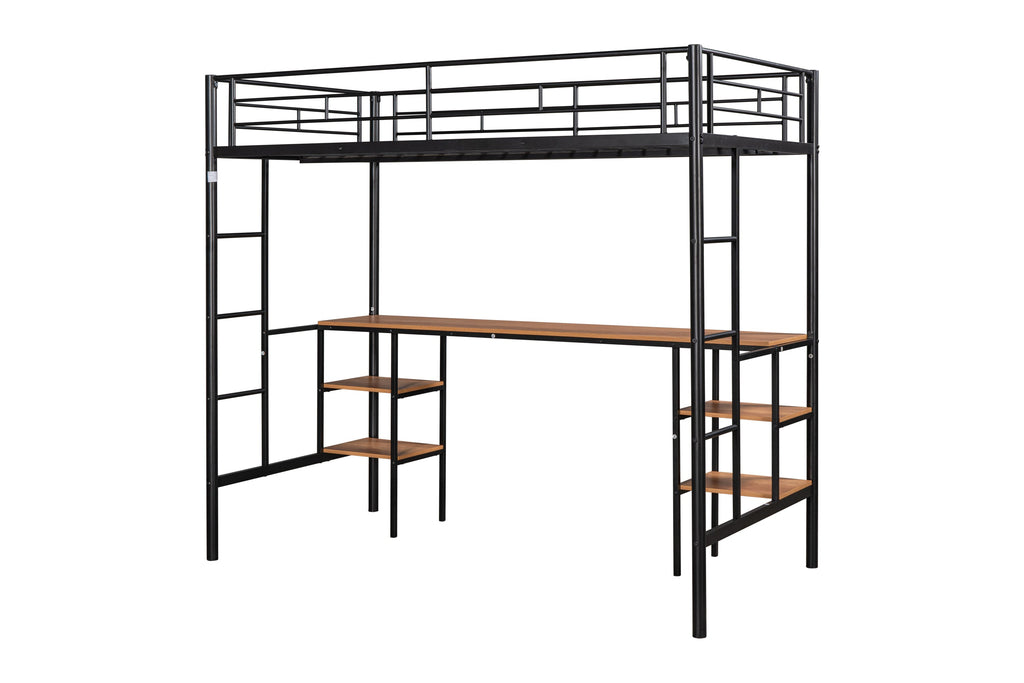 Twin loft bed with table and shelf/Heavy duty sturdy metal/Built in table and shelf/Noise reduction/Safety fence