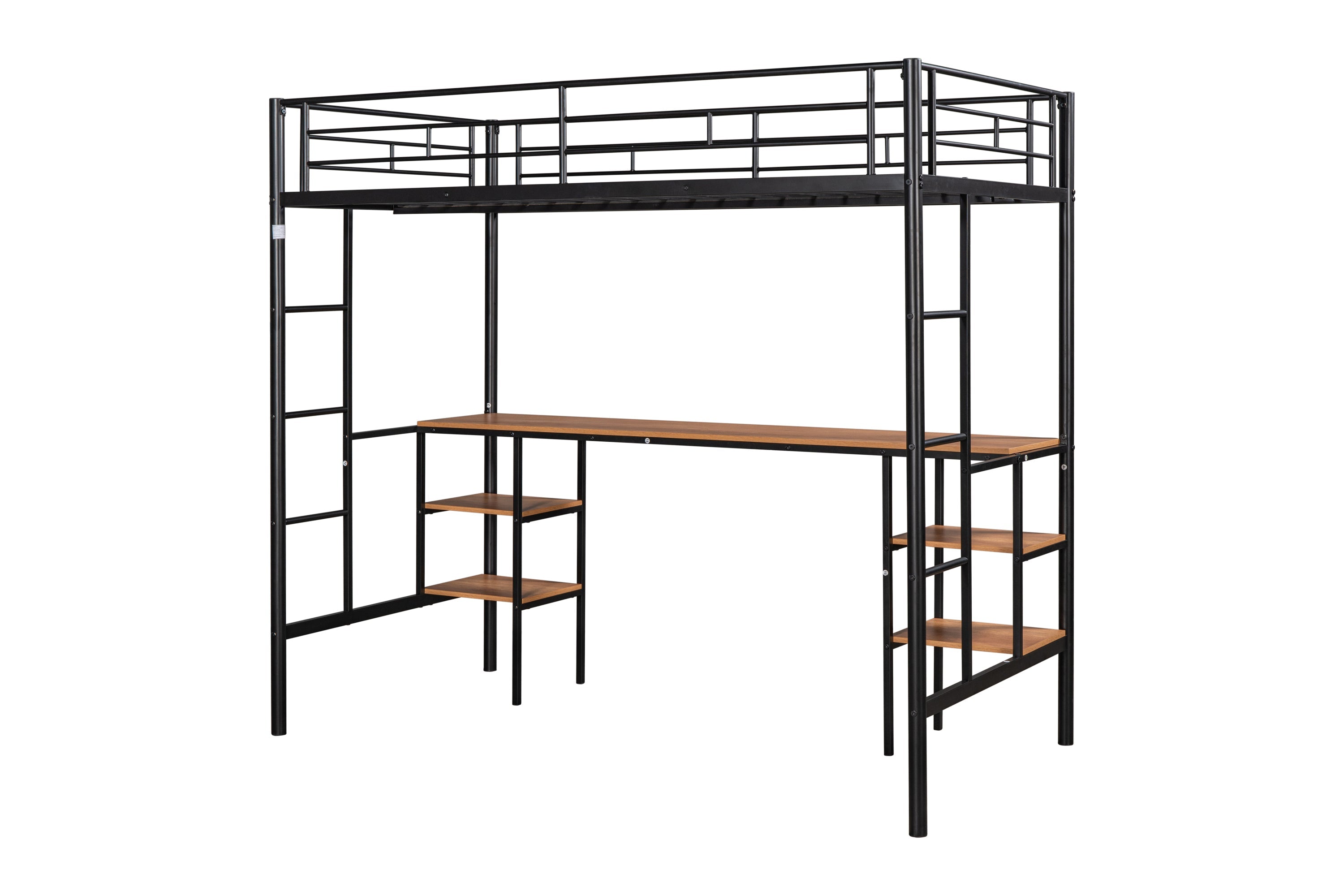 Twin loft bed with table and shelf/Heavy duty sturdy metal/Built in table and shelf/Noise reduction/Safety fence
