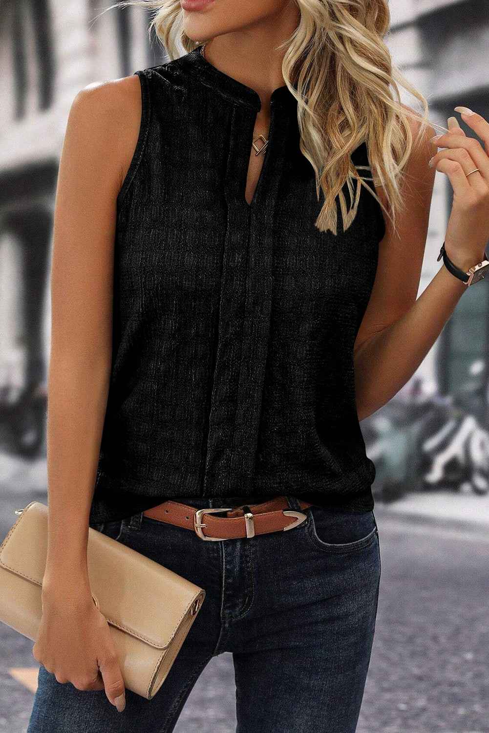 Sea Green Sleeveless Top - Textured Split V Neck Women's Shirt
