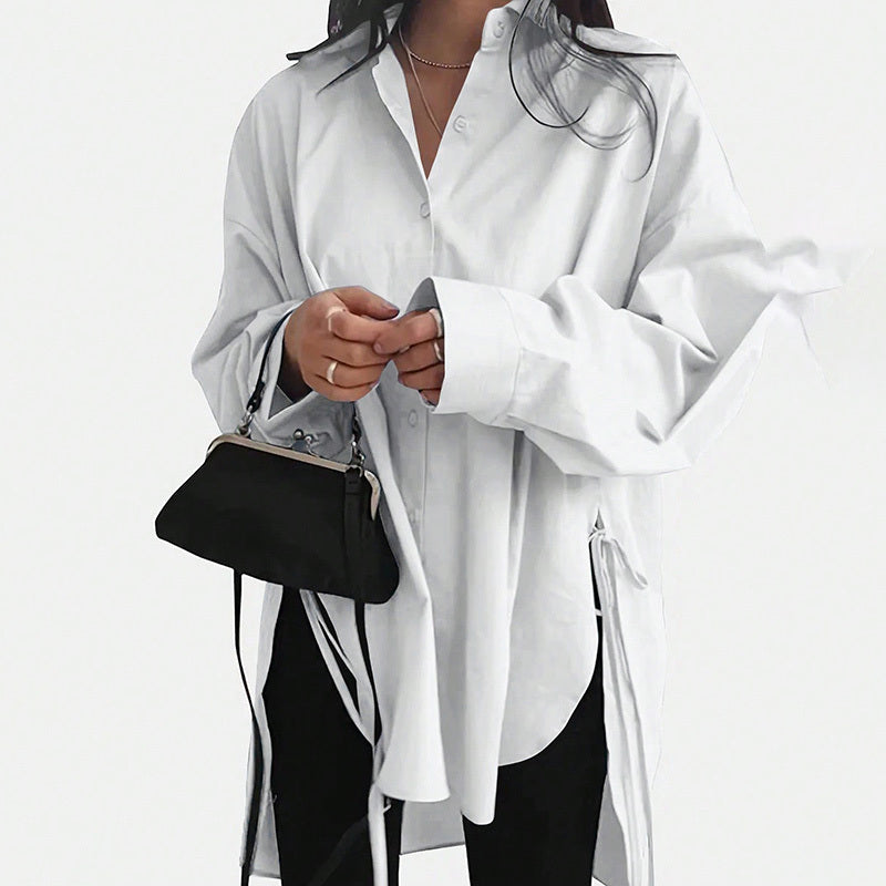 Women's Casual Loose-Fit Long Sleeve Shirt - Side Slit Tie Detail Button-Down Blouse, Solid Color Top