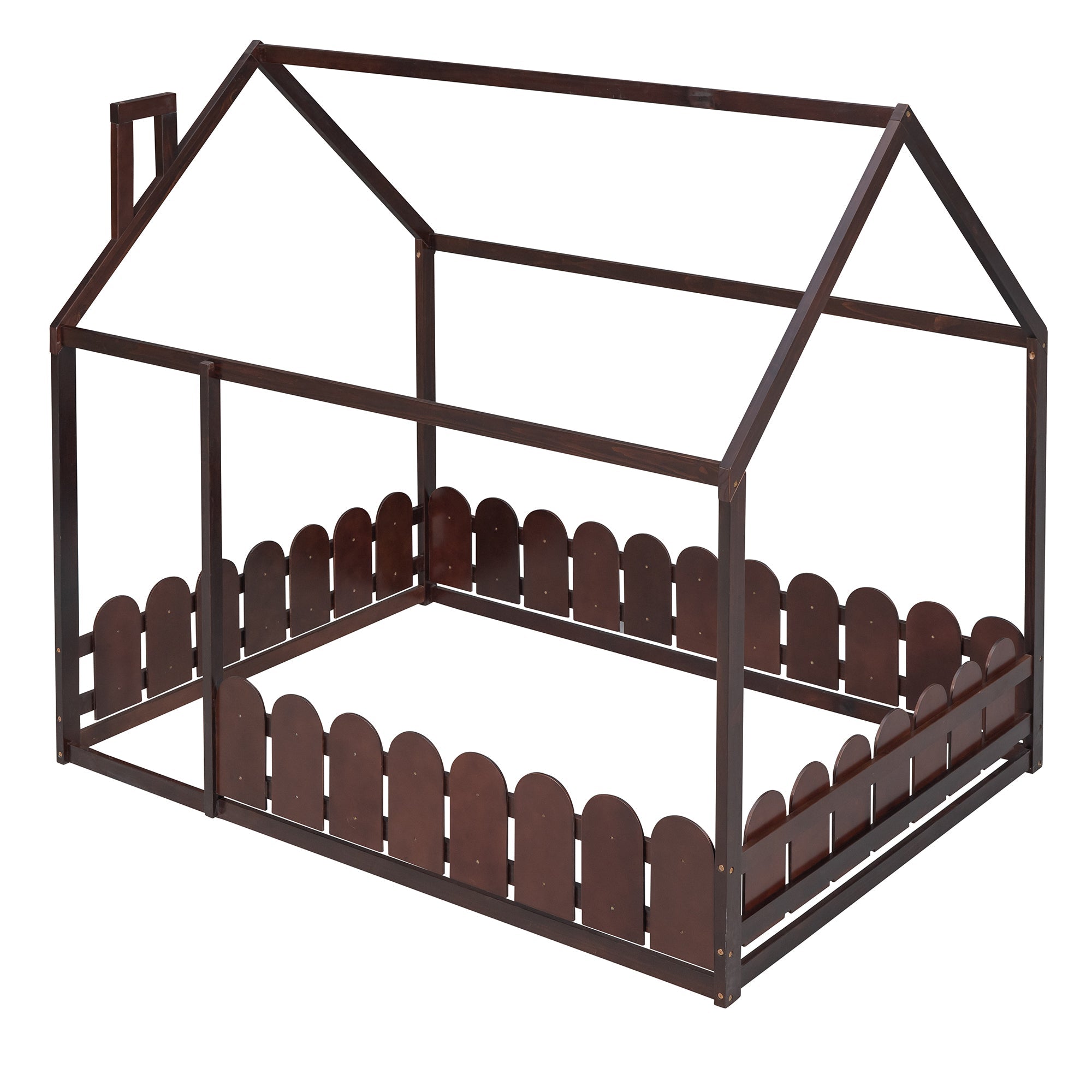 (Slats are not included)Full Size Wood Bed House Bed Frame with Fence for Kids Teens Girls Boys (Espresso )