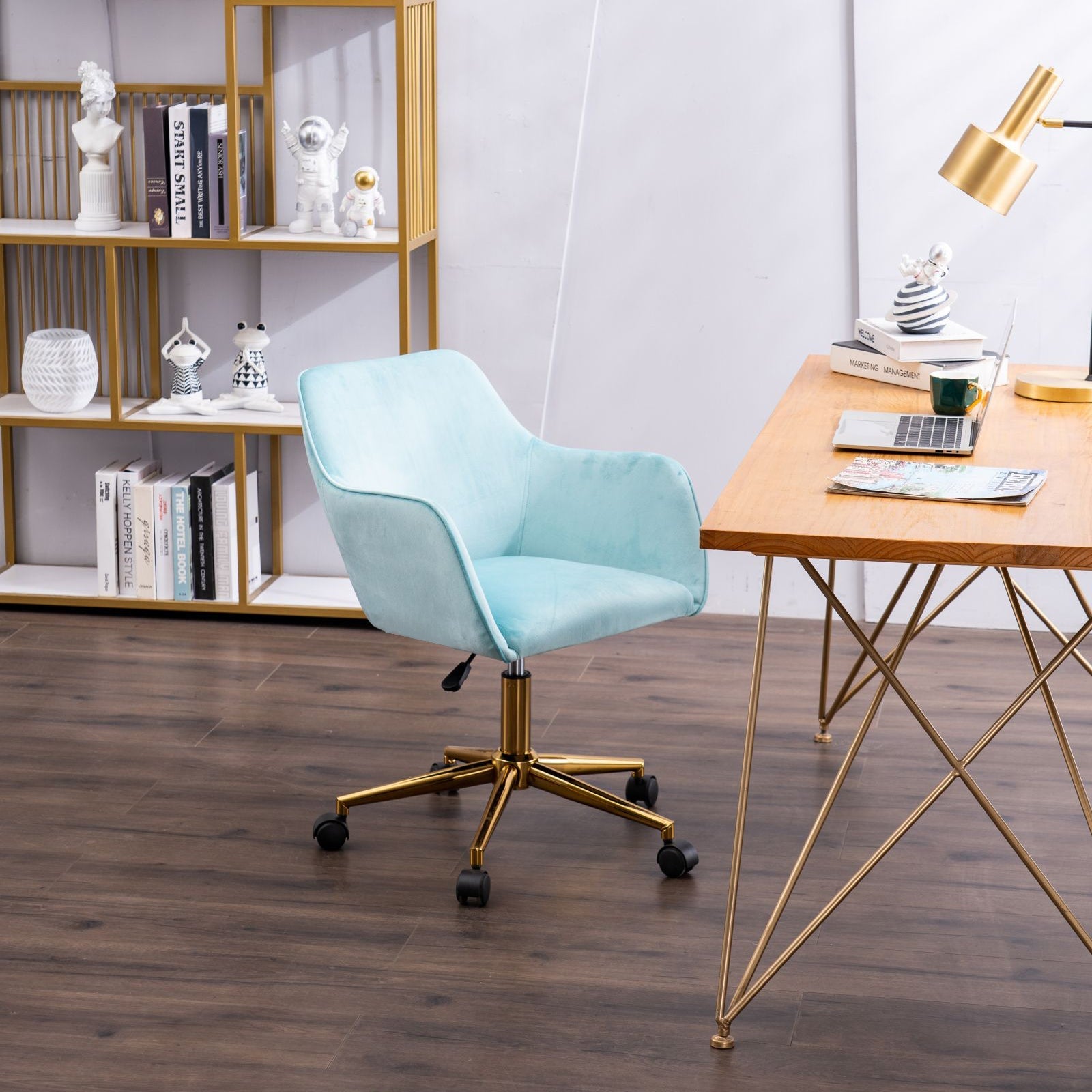 Modern Velvet Fabric Material Adjustable Height 360 revolving Home Office Chair Aqua Light Blue