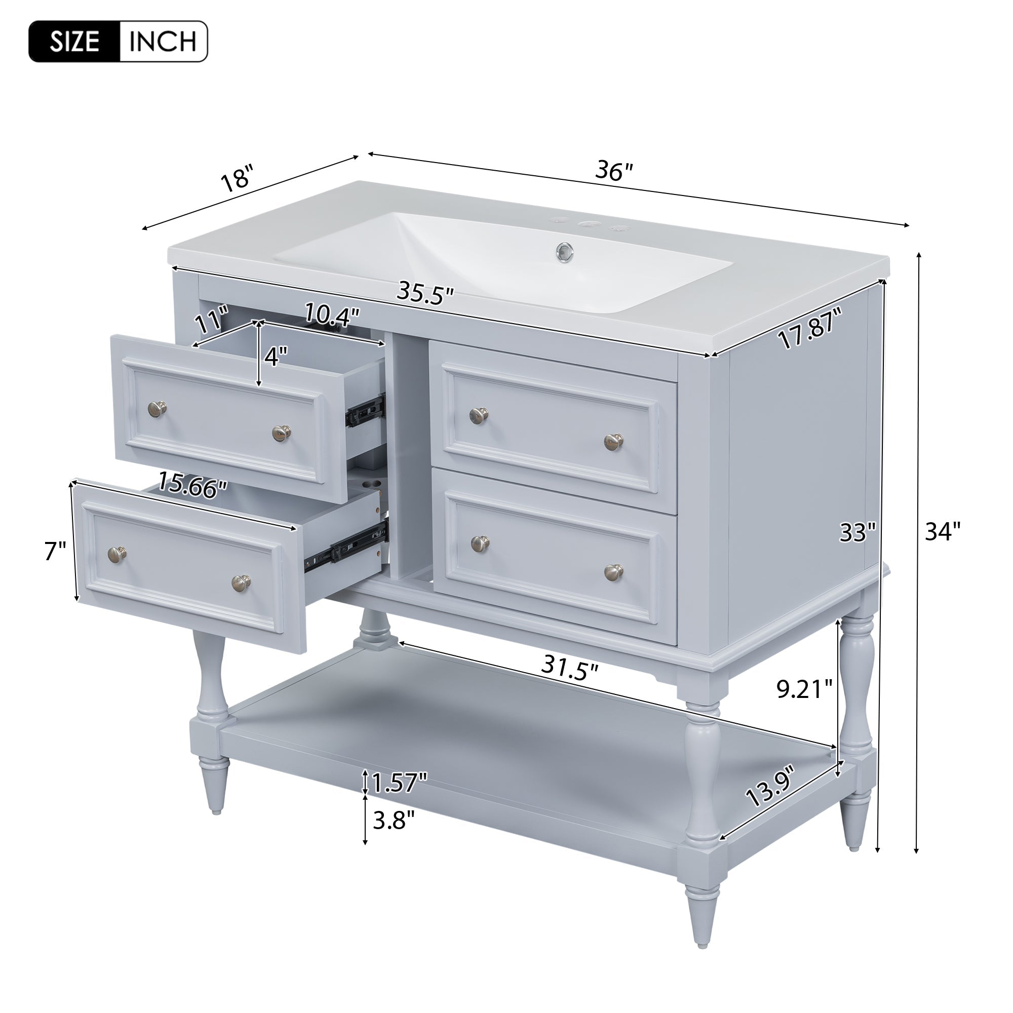 36" Bathroom Vanity Cabinet with Sink Combo Set, Undermount Resin Sink, Free Standing Vanity Set with 4 Drawers Blue