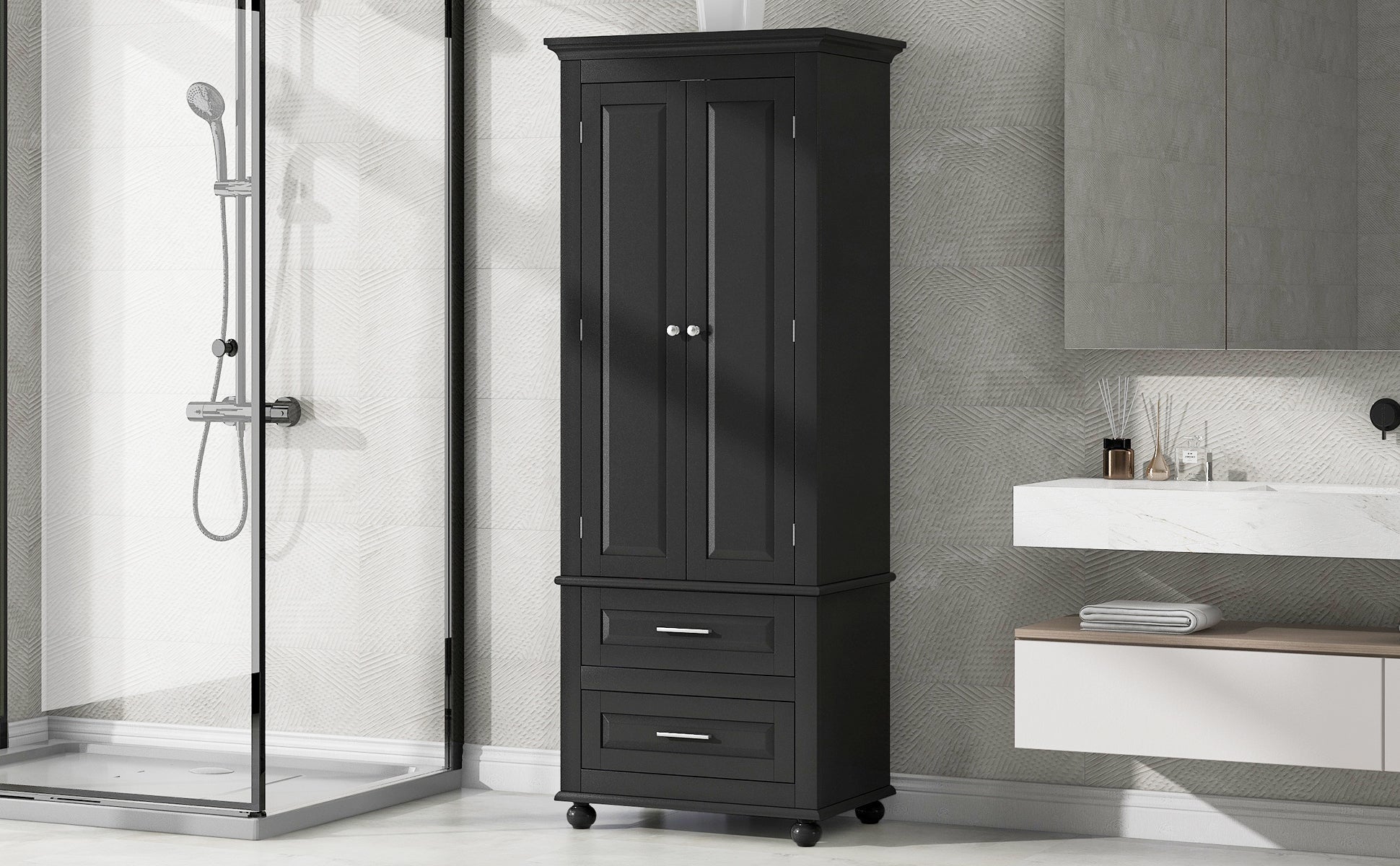 Tall Storage Cabinet with Two Drawers for Bathroom/Office, Black