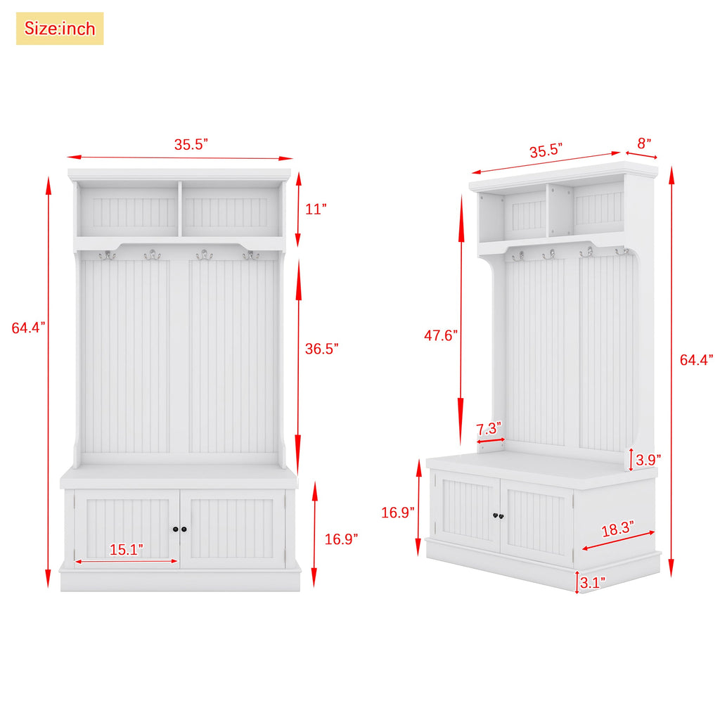 Hall Tree with Storage Shoe Bench for Entryway and Hallway 4-in-1 Design Coat Racks with 4 Hooks for Living Room White