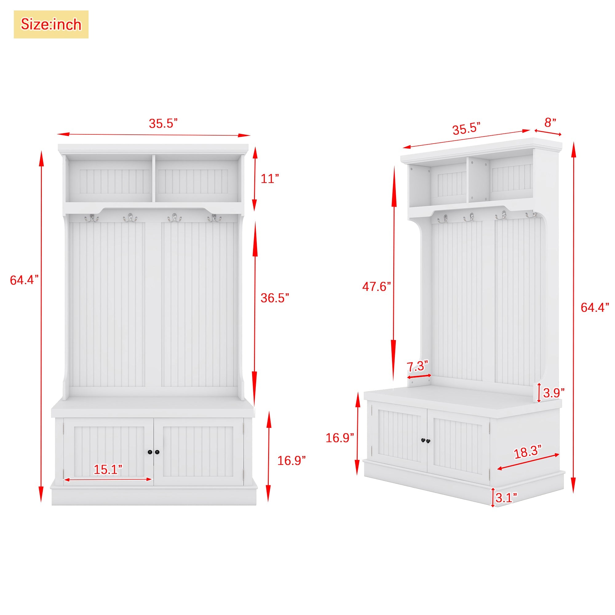 Hall Tree with Storage Shoe Bench for Entryway and Hallway 4-in-1 Design Coat Racks with 4 Hooks for Living Room White