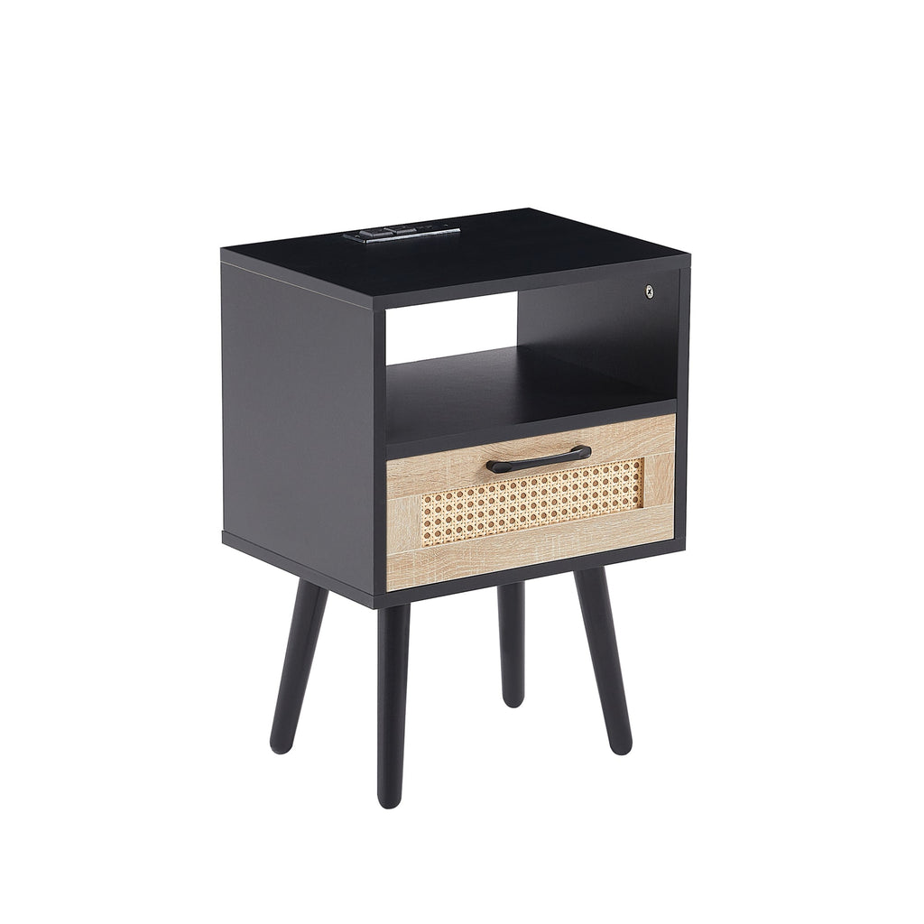 15.75" Rattan End table with Power Outlet & USB Ports Modern nightstand with drawer and solid wood legs black