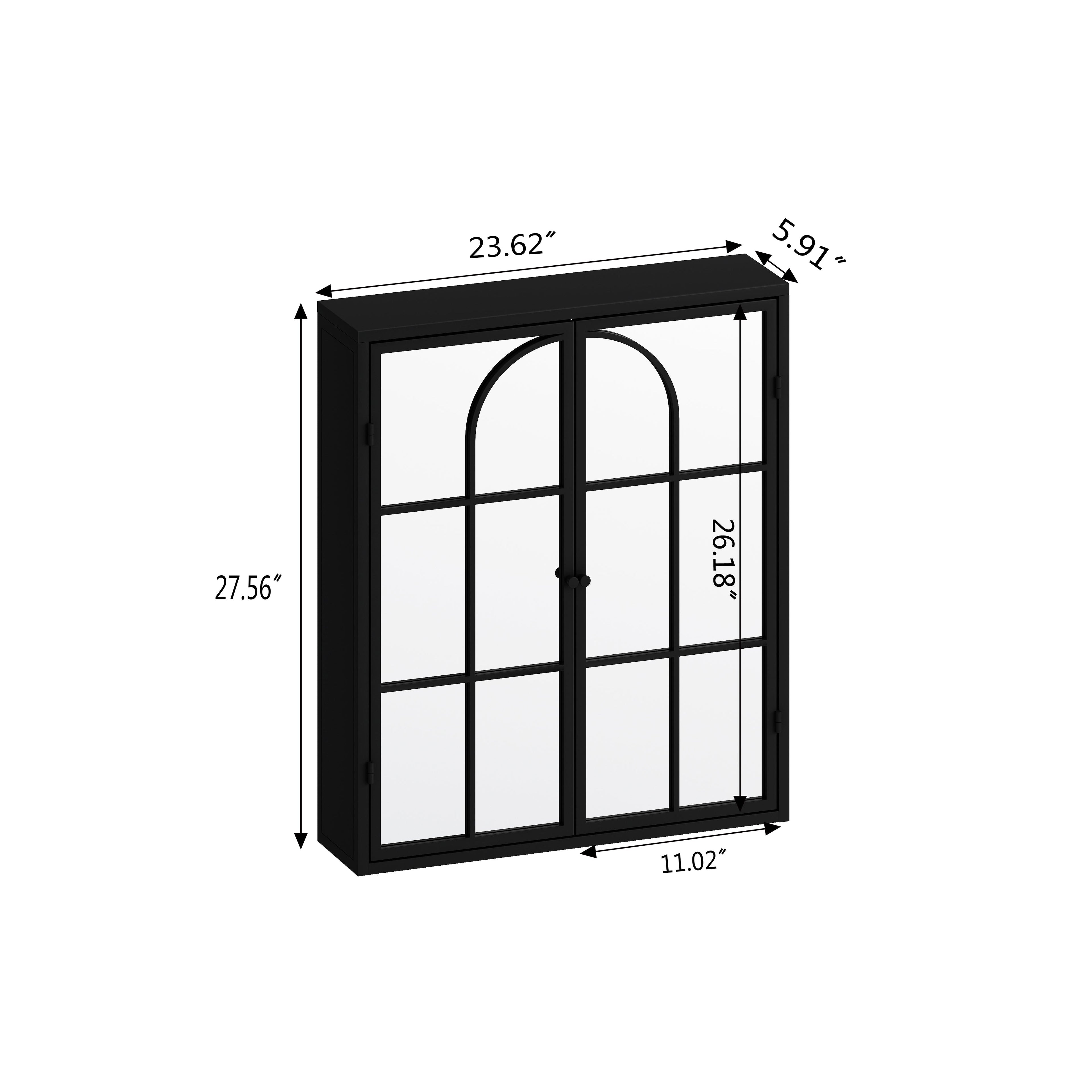23.62 "Vintage Two Door Wall Cabinet with Mirror Three-level Entrance Storage Space Black