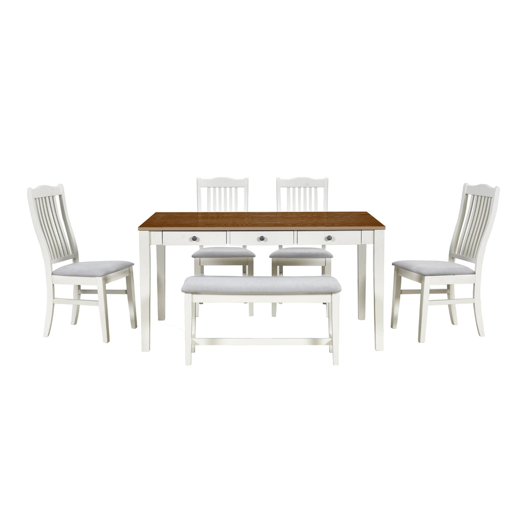 TOPMAX Mid-Century 6-Piece Wood Dining Table Set, Kitchen Table Set with Drawer  Upholstered Chairs and Bench  Butter Milk