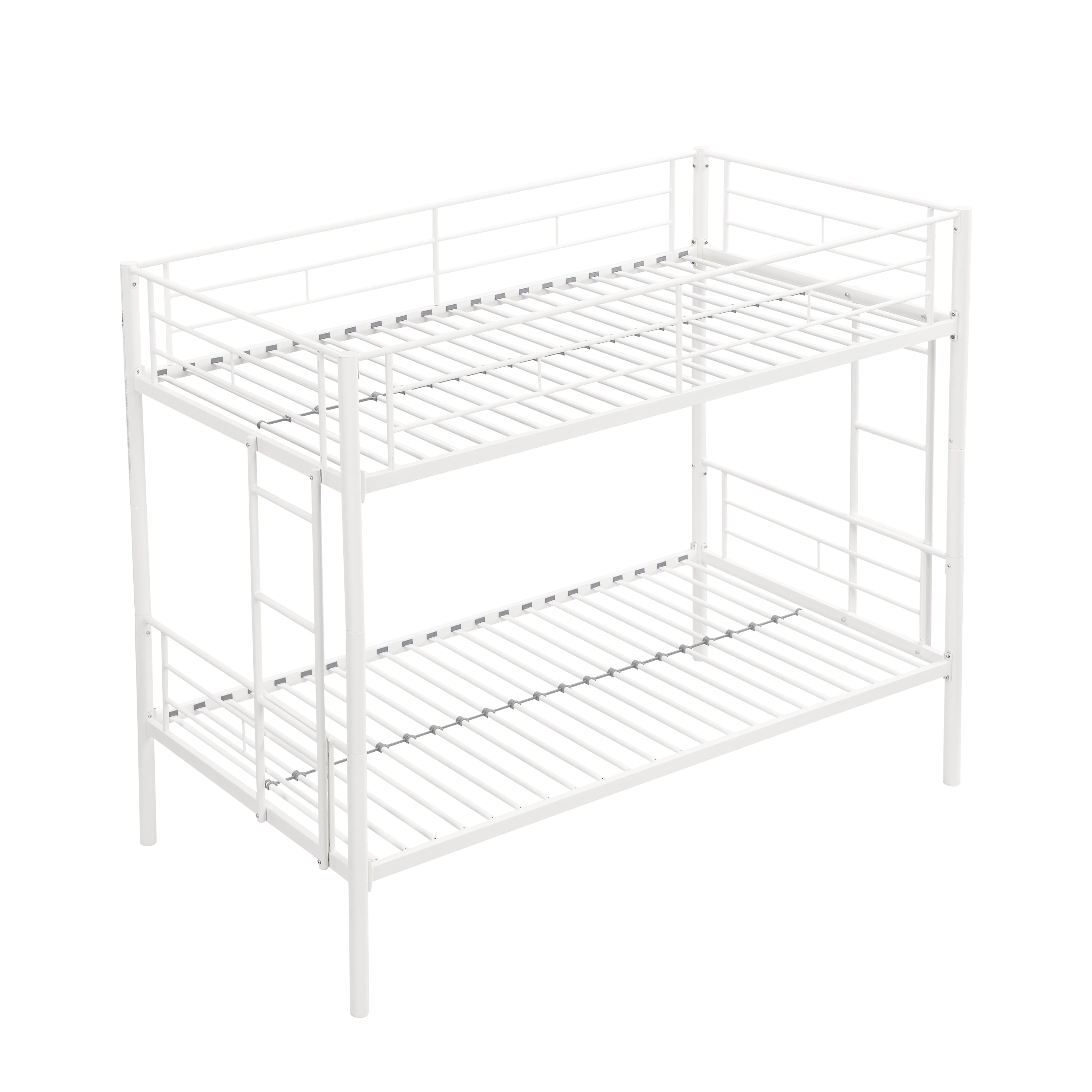 Twin metal bunk beds, metal structure bed frame with safety guardrails and 2 ladders, convertible bunk beds, white