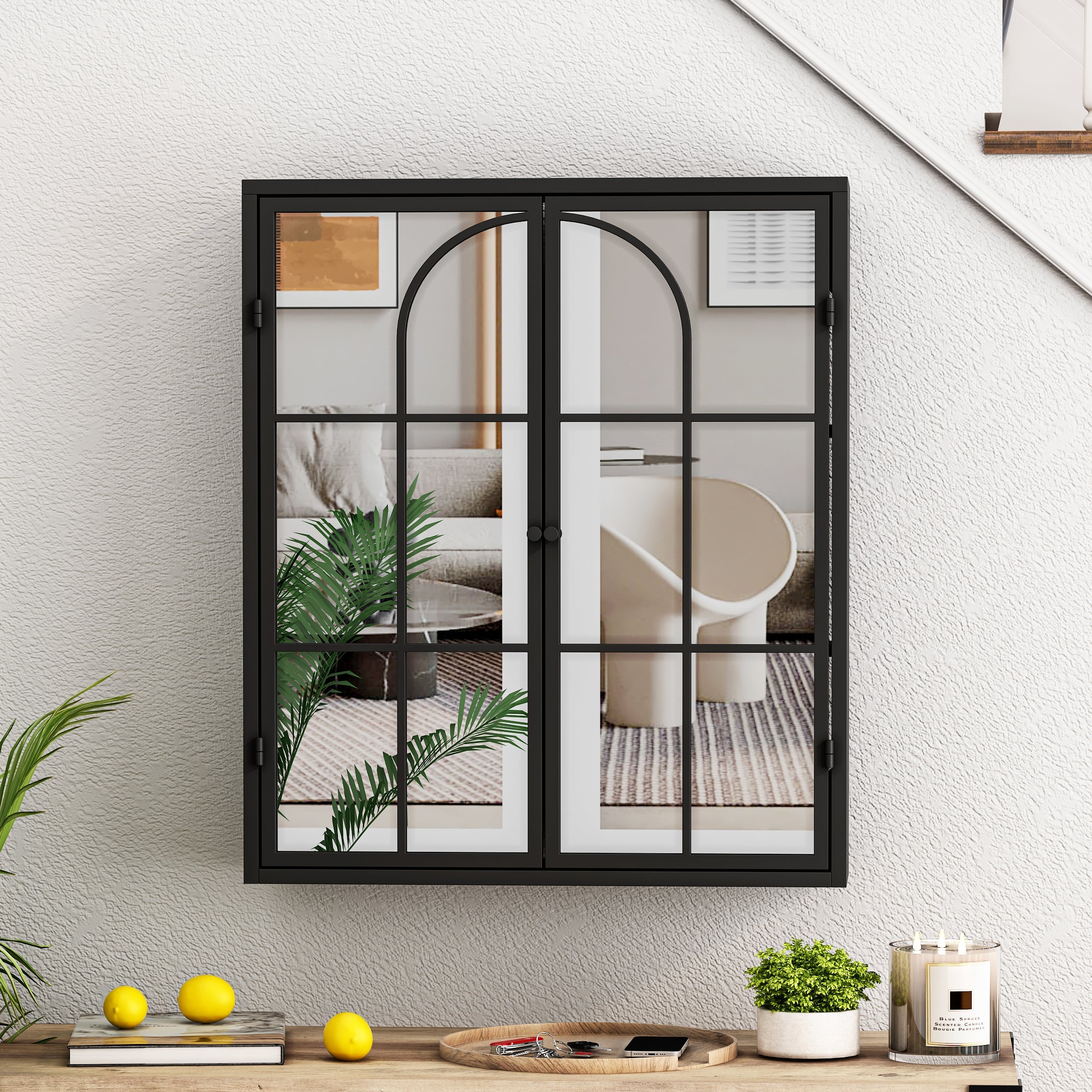 23.62 "Vintage Two Door Wall Cabinet with Mirror Three-level Entrance Storage Space Black