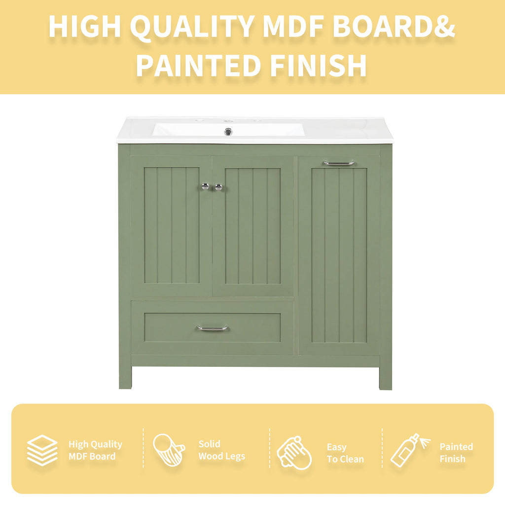 36 inch bathroom vanity with sink, one double door cabinet one large drawer and one flip drawer solid wood and MDF board, green