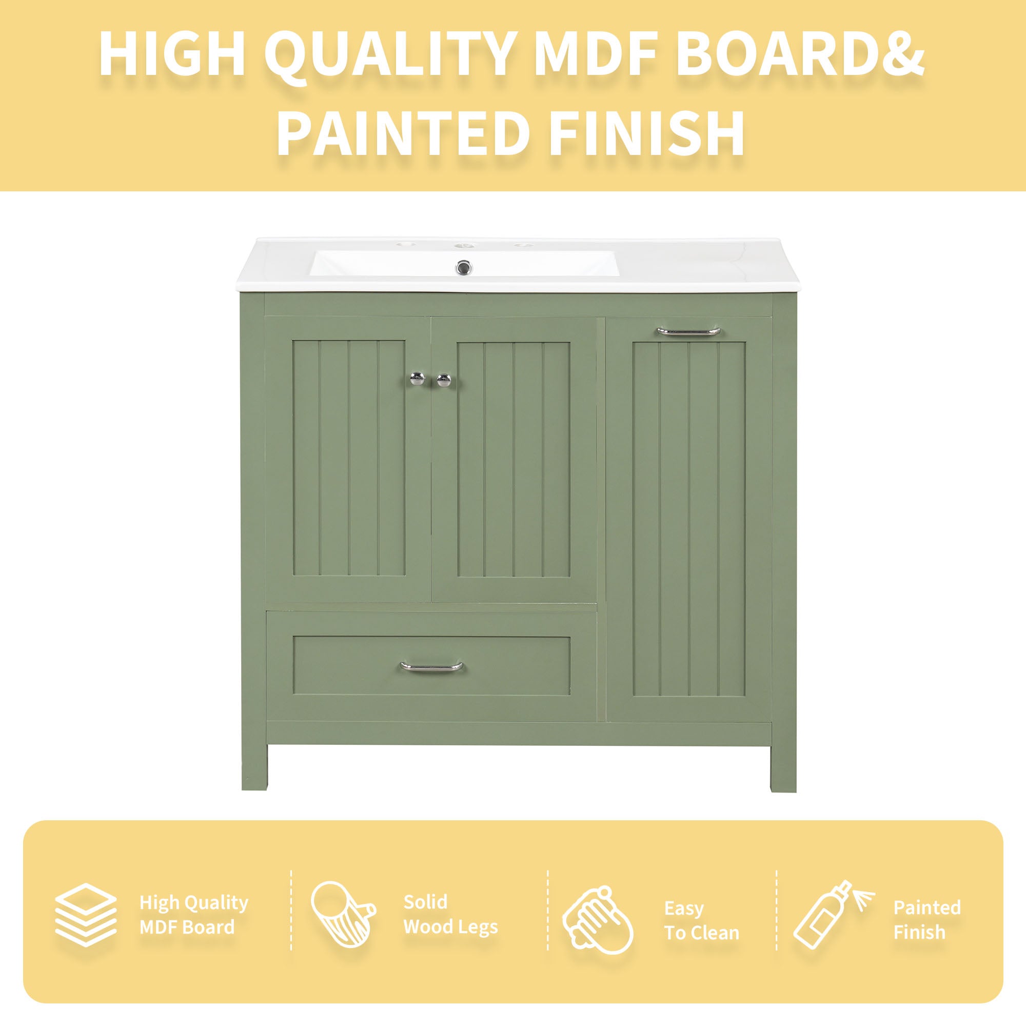 36 inch bathroom vanity with sink, one double door cabinet one large drawer and one flip drawer solid wood and MDF board, green