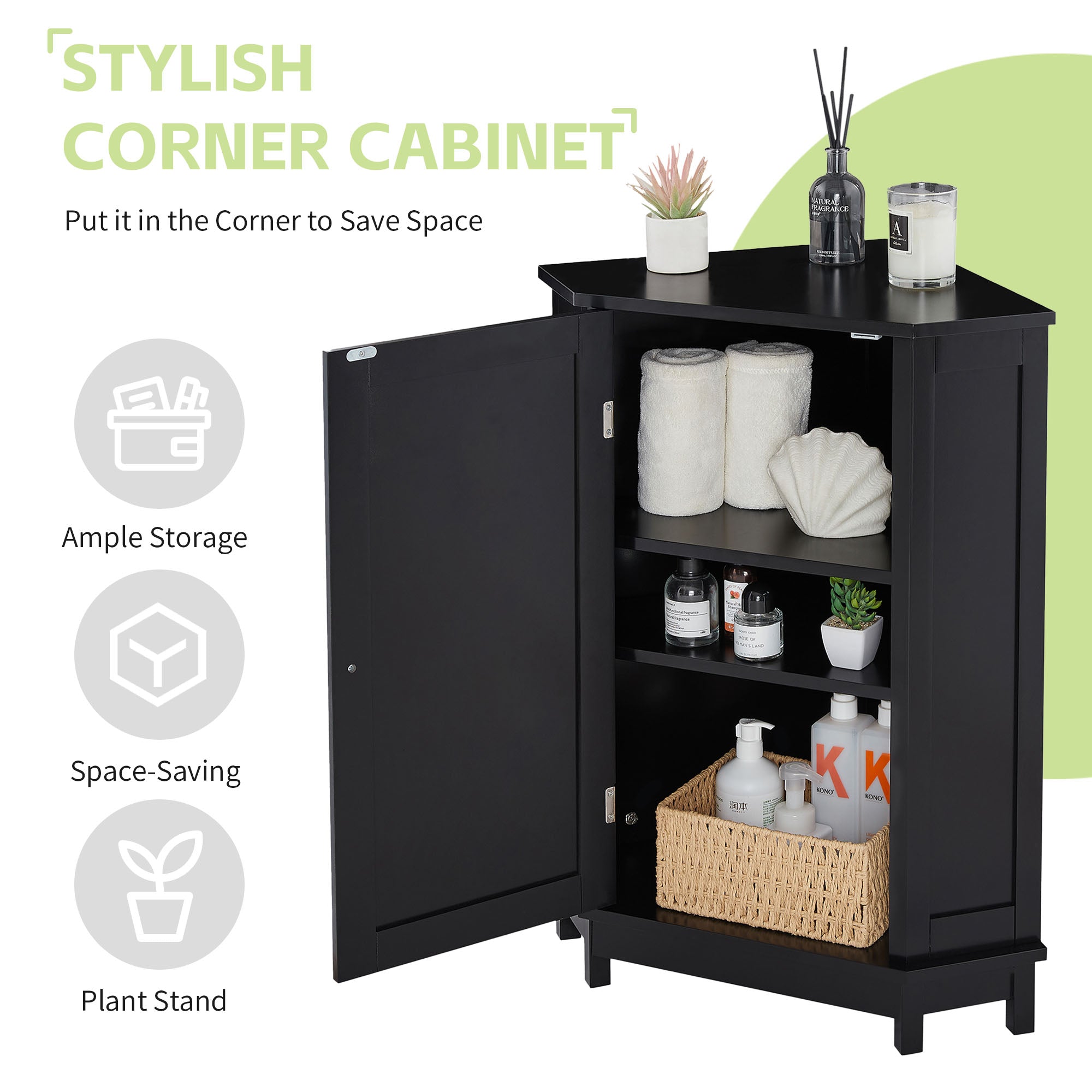 Black Bathroom Cabinet Triangle Corner Storage Cabinet with Adjustable Shelf Modern Style MDF Board