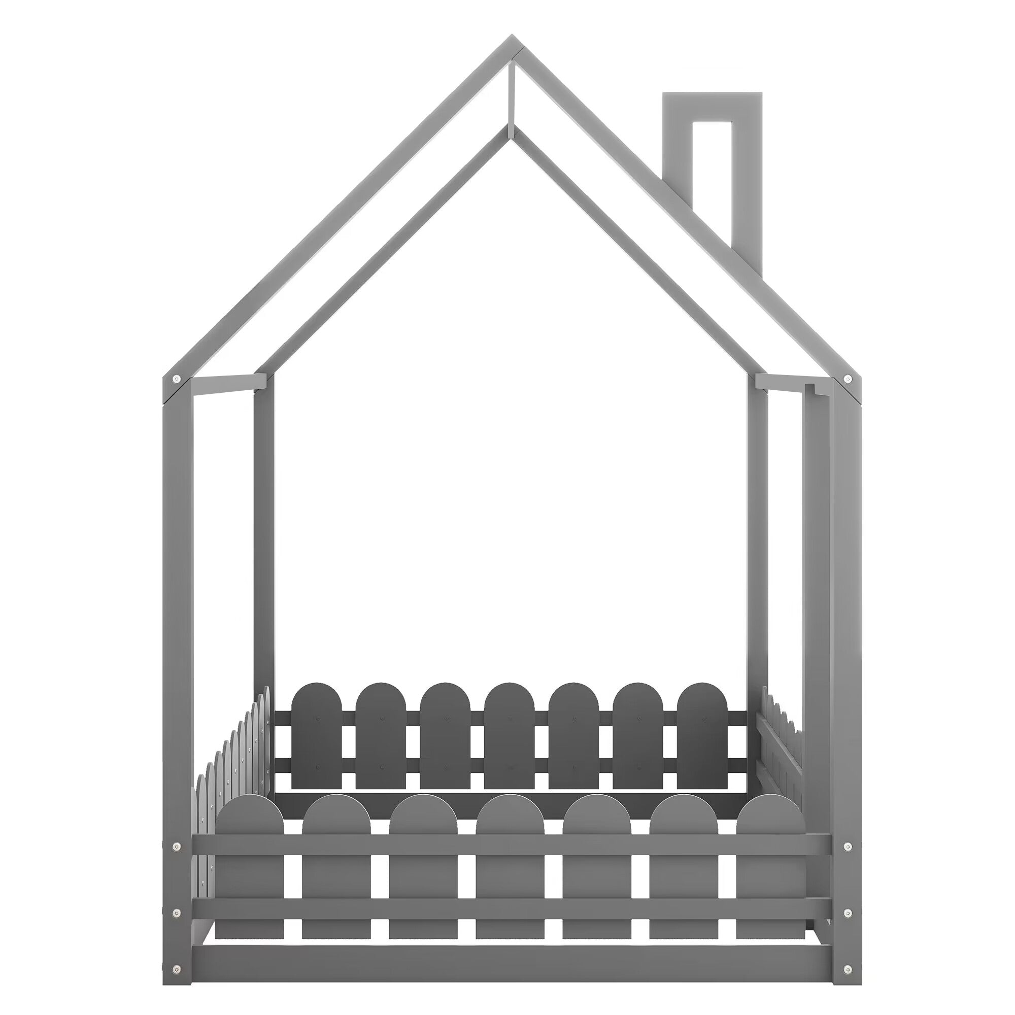 (Slats are not included)Full Size Wood Bed House Bed Frame with Fence for Kids Teens Girls Boys (Gray )