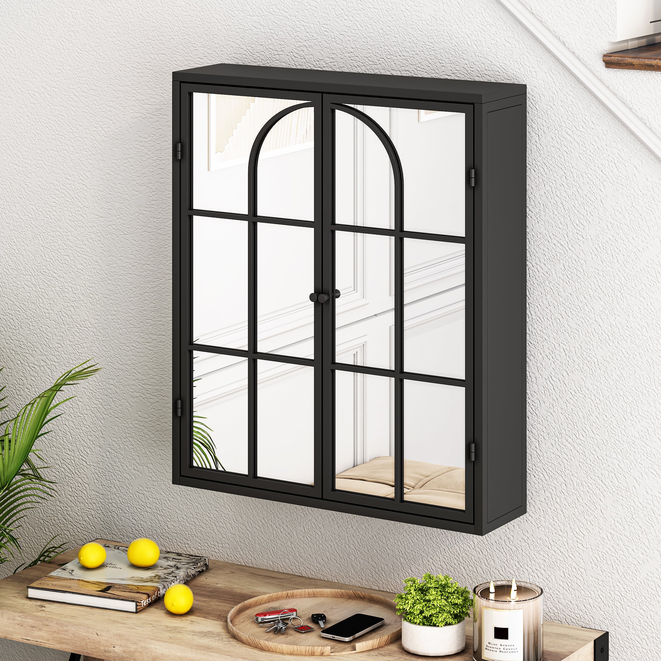 23.62 "Vintage Two Door Wall Cabinet with Mirror Three-level Entrance Storage Space Black