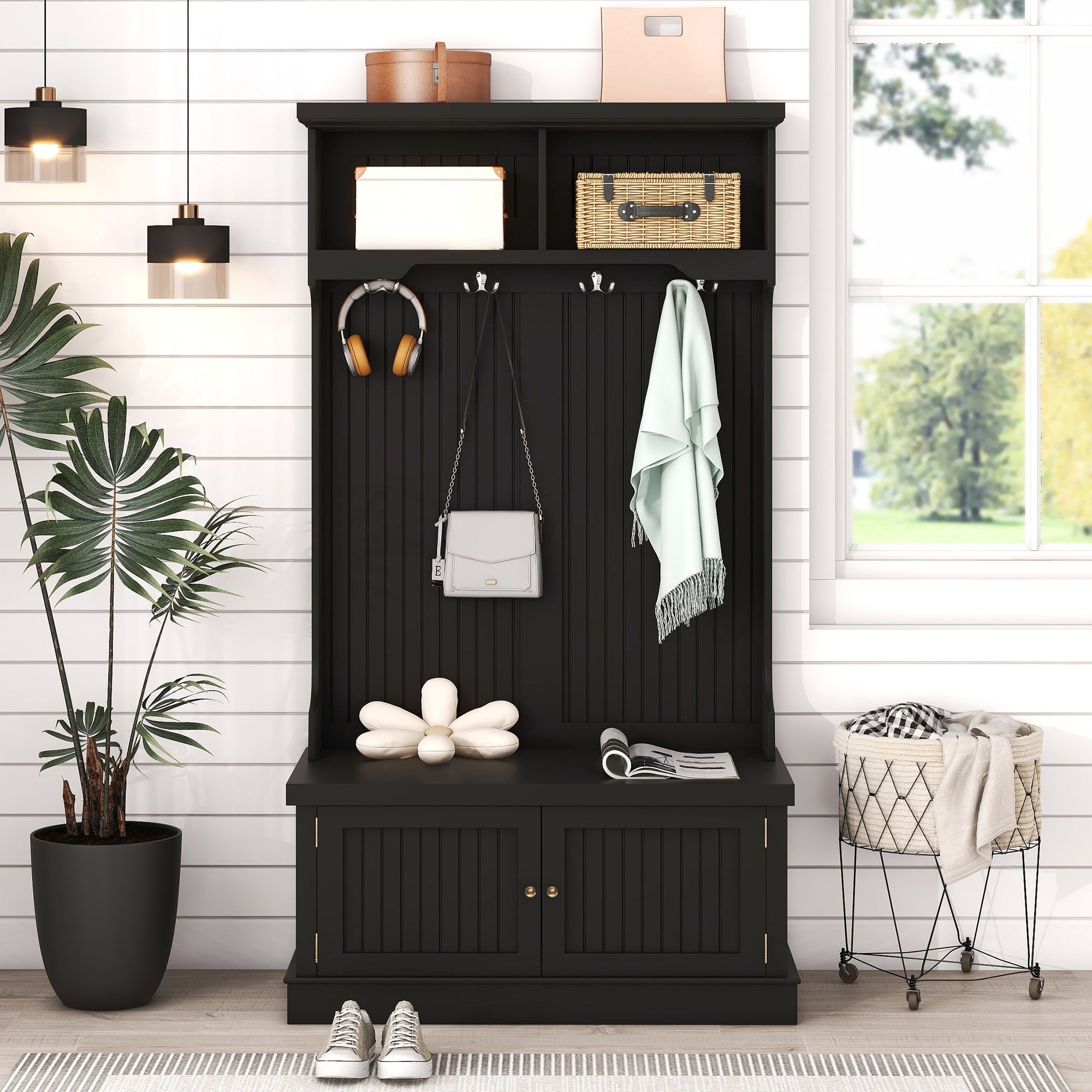 Hall Tree with Storage Shoe Bench for Entryway and Hallway 4-in-1 Design Coat Racks with 4 Hooks for Living Room Black