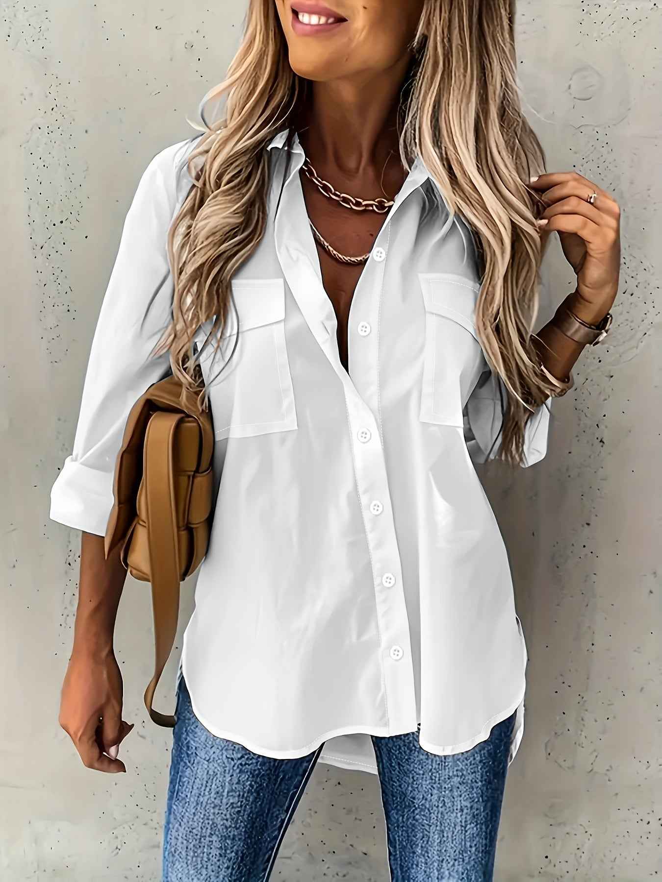 Simple Casual Long Sleeve Blouse with Pocket Women's Blouse
