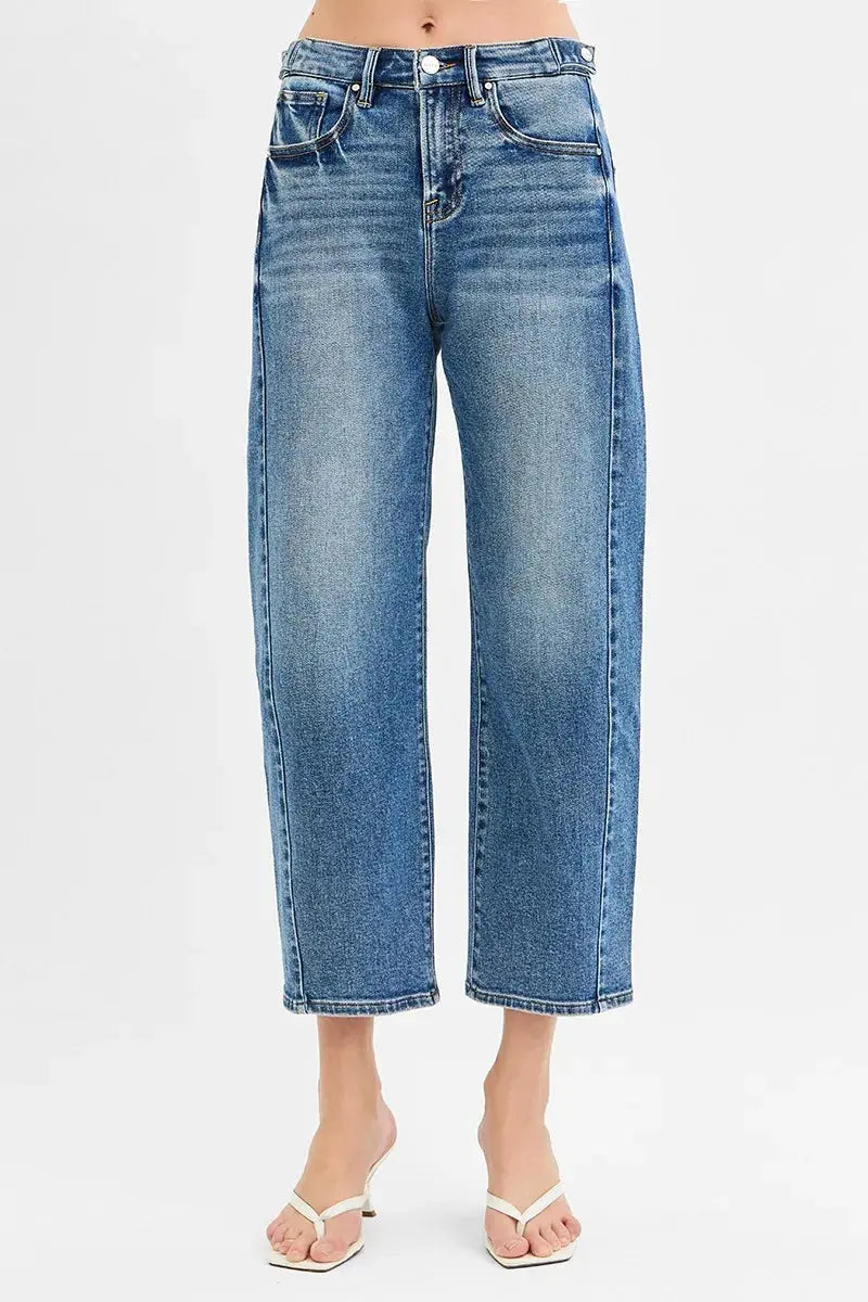 High Rise Crop Length Barrel Adjustable Waist Band RISEN Jeans