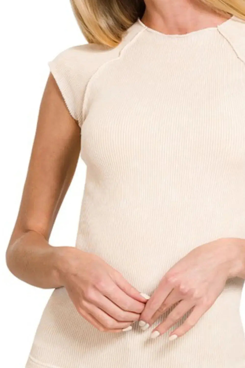 Zenana Stone Washed Ribbed Cap Sleeve Seamless Tank Top in Sand Beige