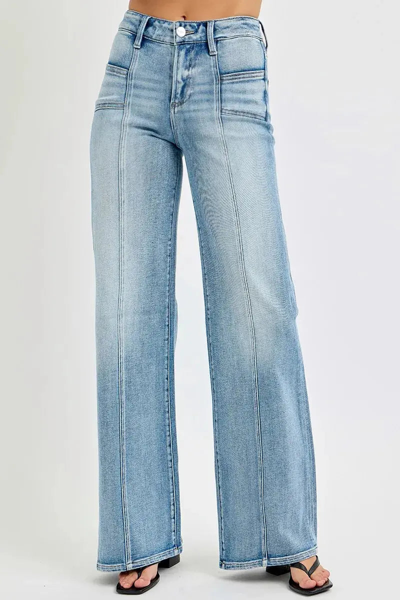Full Size Mid Rise Wide RISEN Jeans with Front Patch Pocket