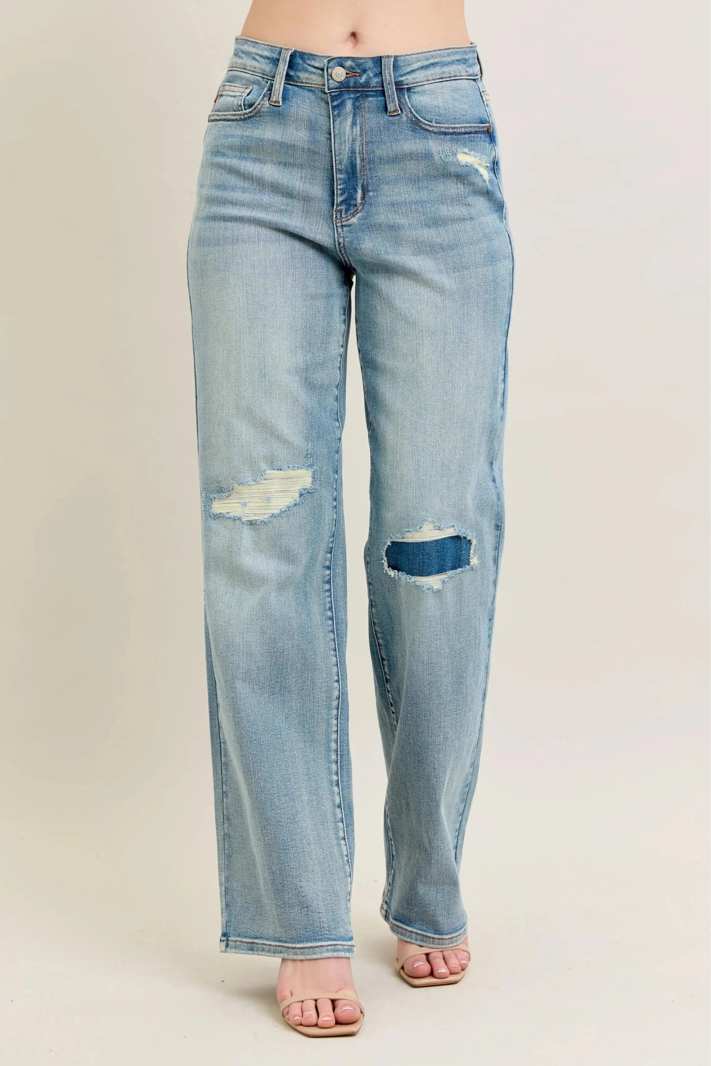 Judy Blue Jeans -Plus Size High Waist Destroy & Knee Patch Straight Leg